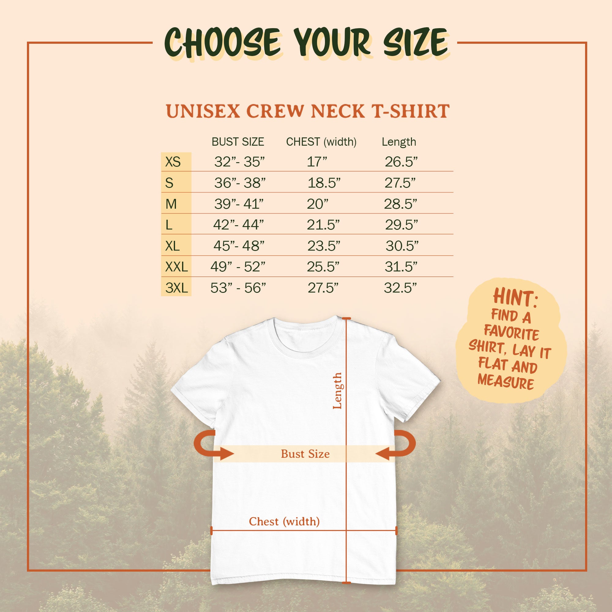 Unisex crew neck t-shirt size chart with measurements on a nature-themed background